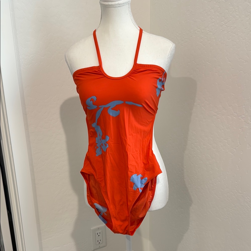 Tory Burch Orange One-Piece Swimsuit With Light Blue Floral Print